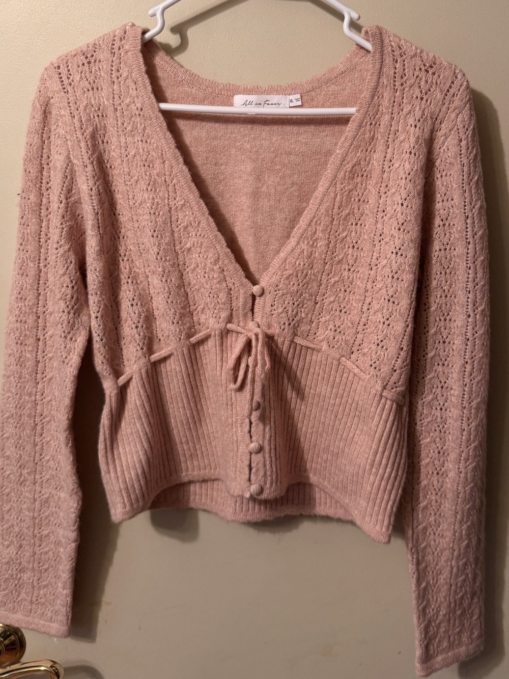 All In Favor Pink Pointelle Tie Front Cropped Cardigan Sweater Women’s XL